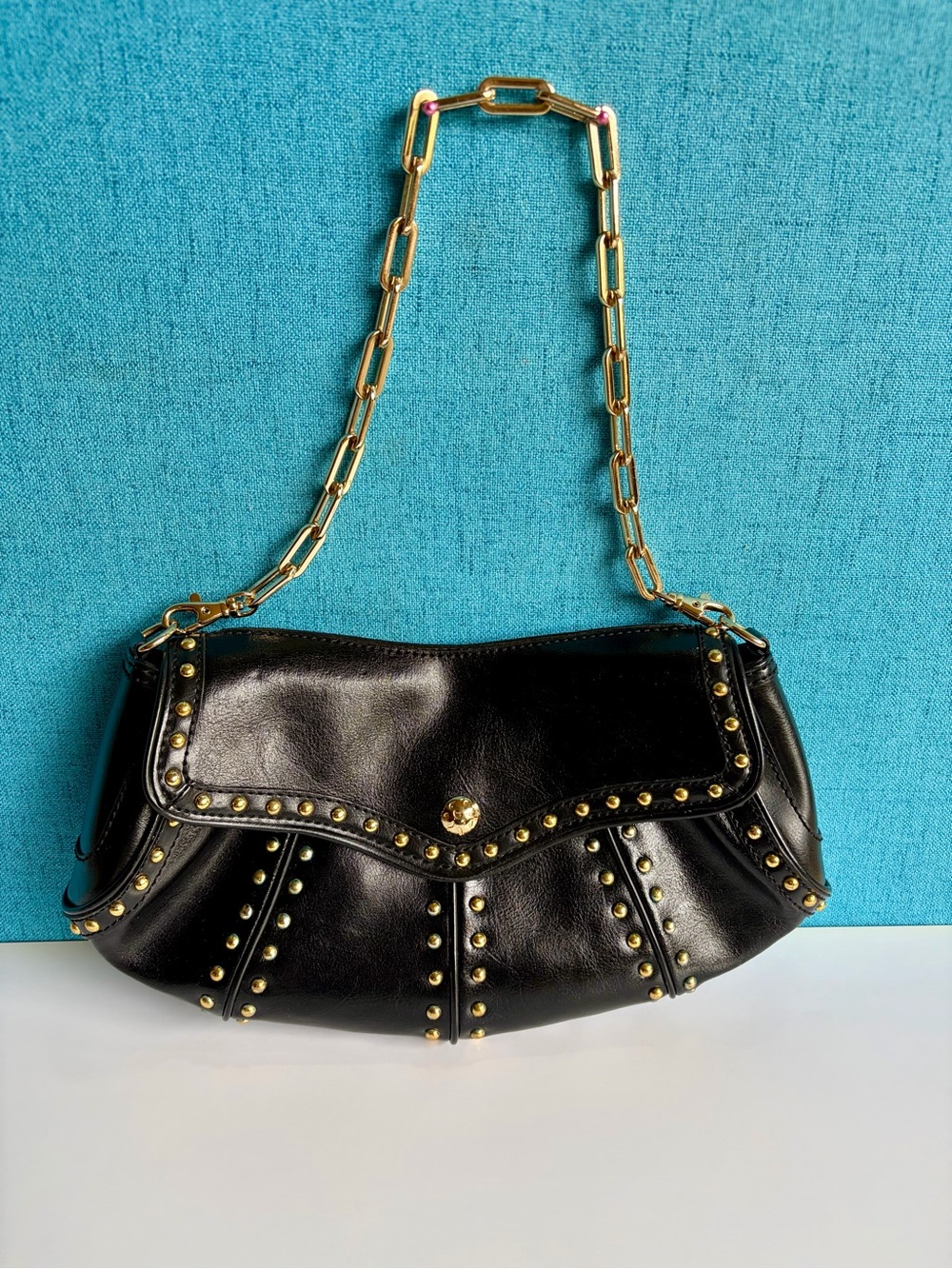 Maxx New York Black Shoulder Bag with Gold Studs & Chain Strap